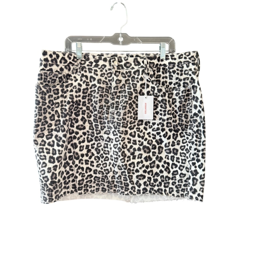 Good American Leopard Print Denim Mini Skirt‎ Grey Black Raw Hem Plus Size 18